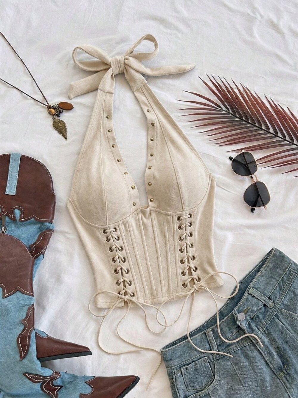 Apricot Sexy Women's Boho Night Out Velvet Backless Tie-Up V-Neck Sleeveless Top